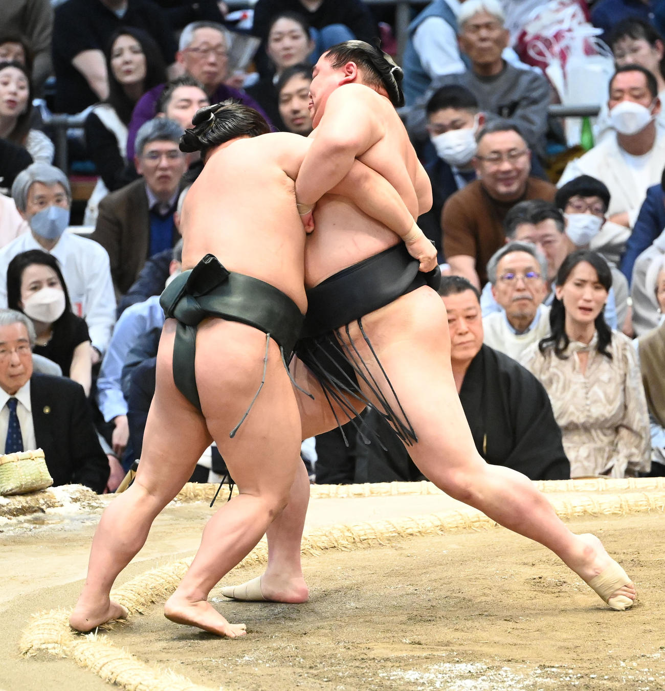 翠富士（左）を決めだしで破る正代（撮影・和賀正仁）
