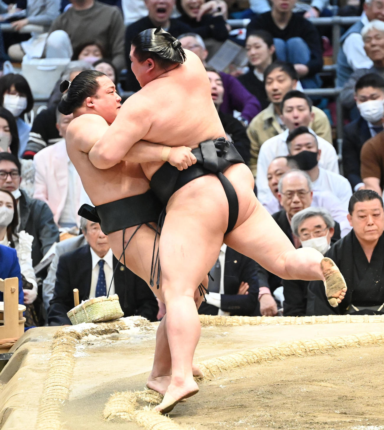 翠富士（左）を決めだしで破る正代（撮影・和賀正仁）