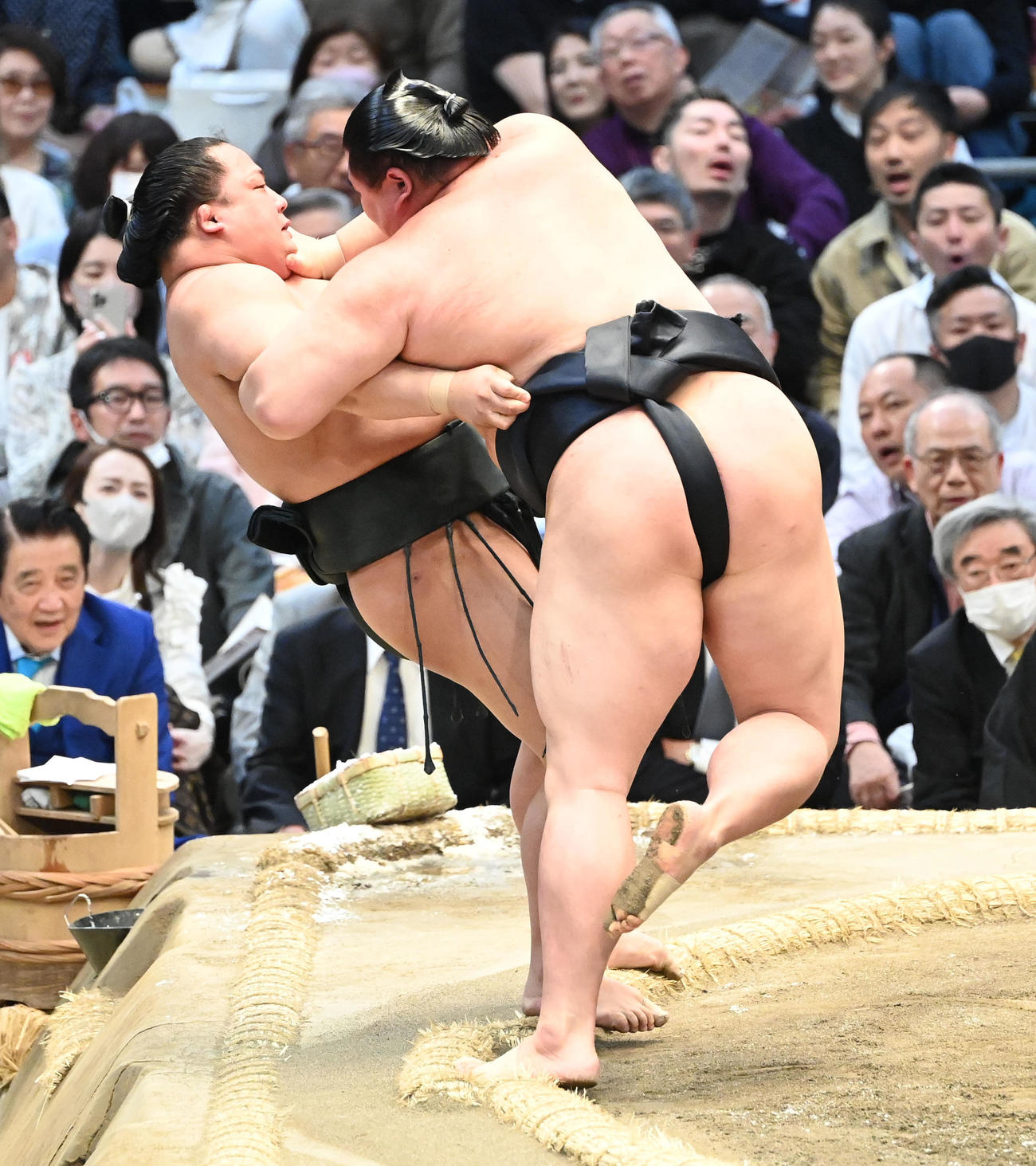 翠富士（左）を決めだしで破る正代（撮影・和賀正仁）