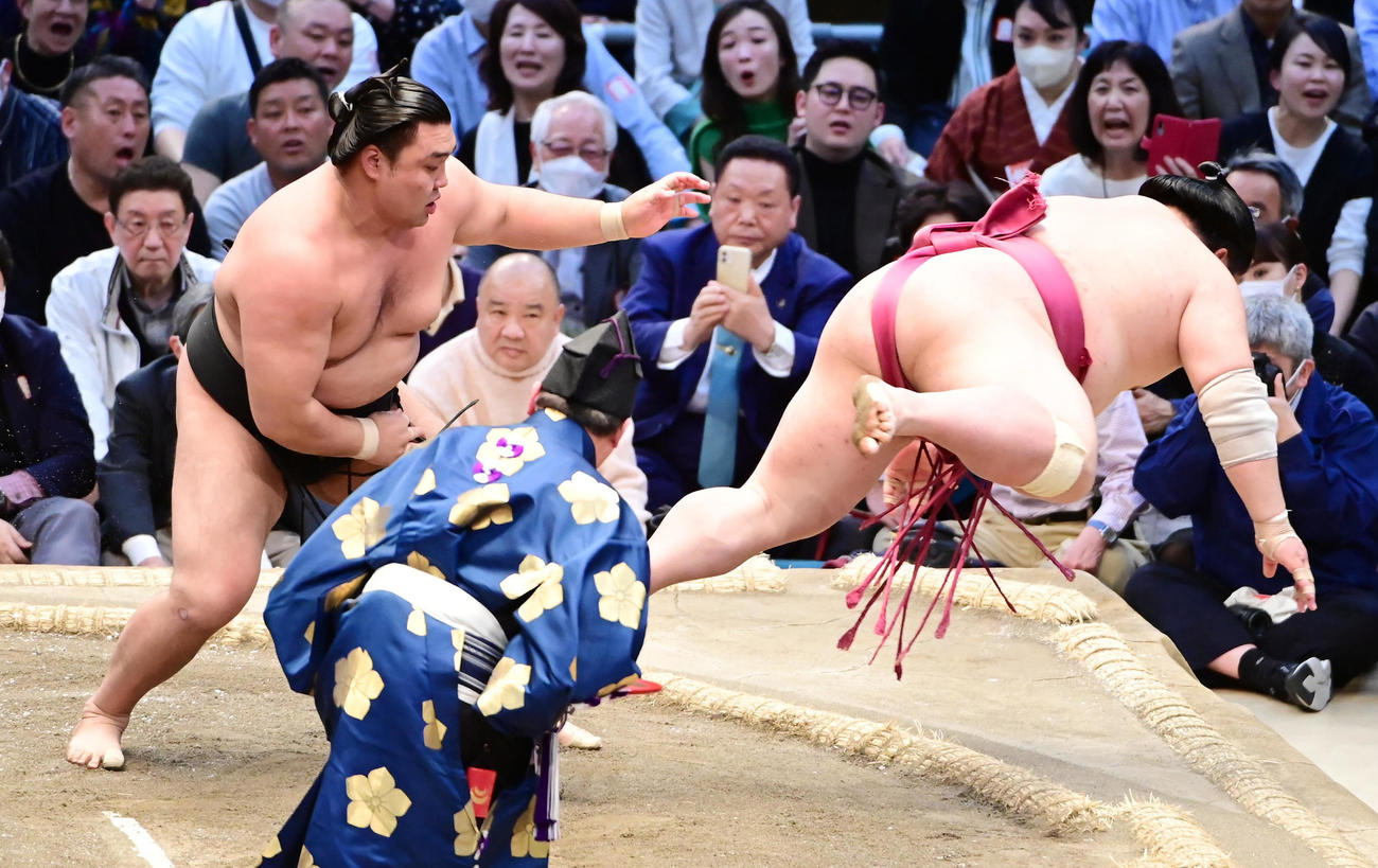 霧馬山（左）は大栄翔を突き落としで破る（撮影・小沢裕）