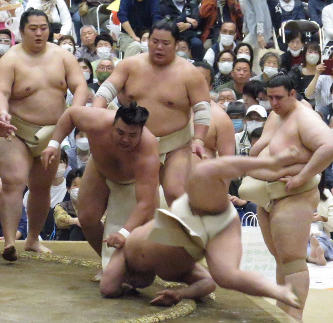 巡業の朝稽古で精力的に相撲を取った霧馬山（手前左）。後方は左から遠藤、大栄翔、碧山。手前右は若元春