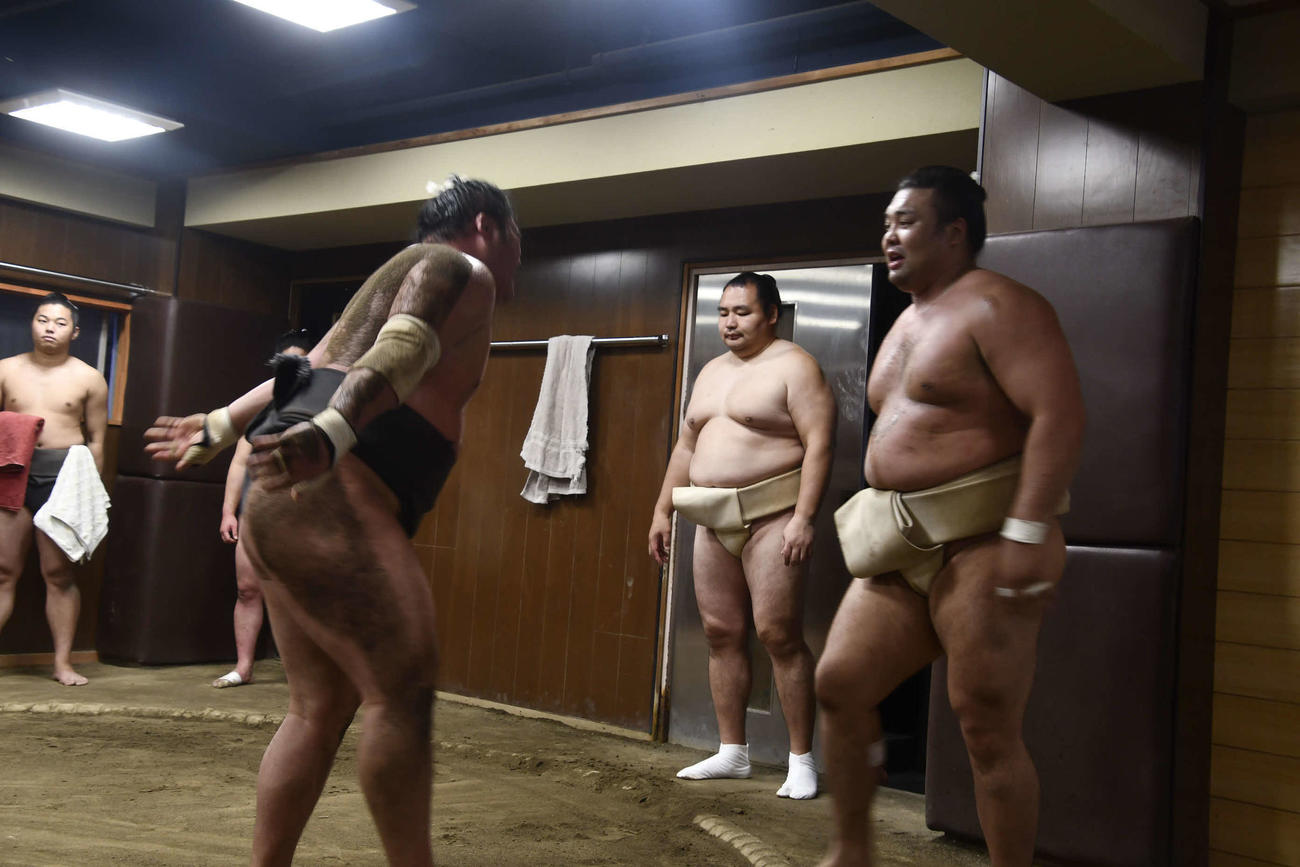 稽古に参加した霧馬山（右）（撮影・平山連）