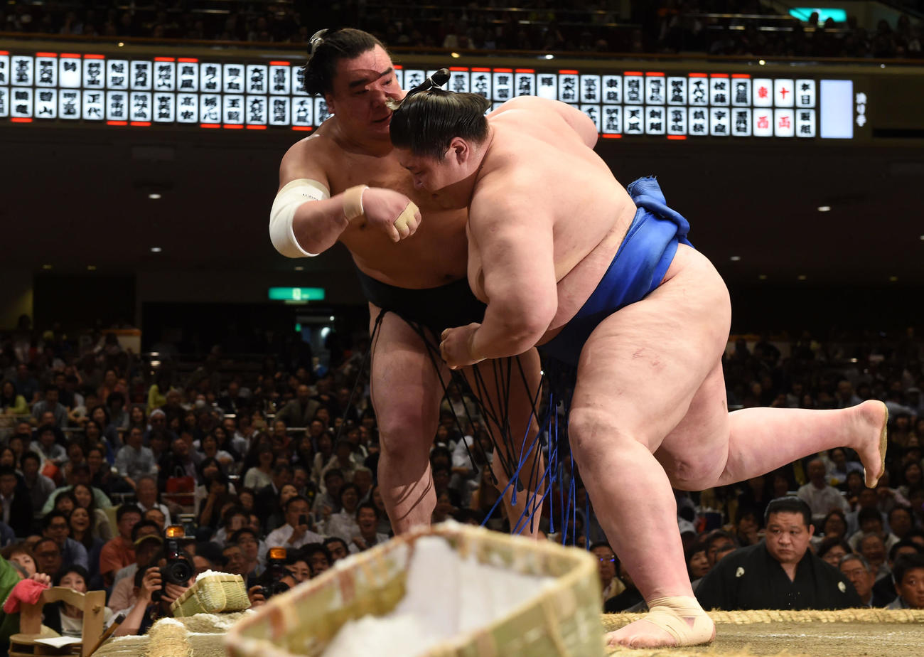 16年5月、日馬富士（左）を寄り切りで下す逸ノ城
