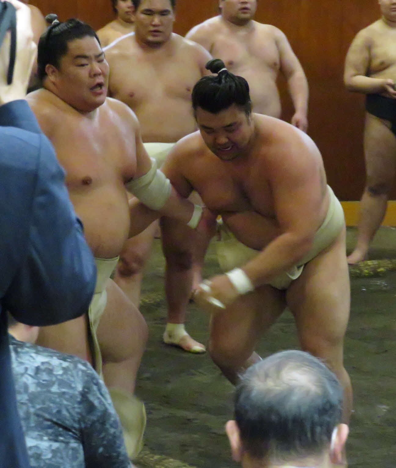 大栄翔（手前左）を寄り切った霧馬山（同右）。後方中央は豊昇龍