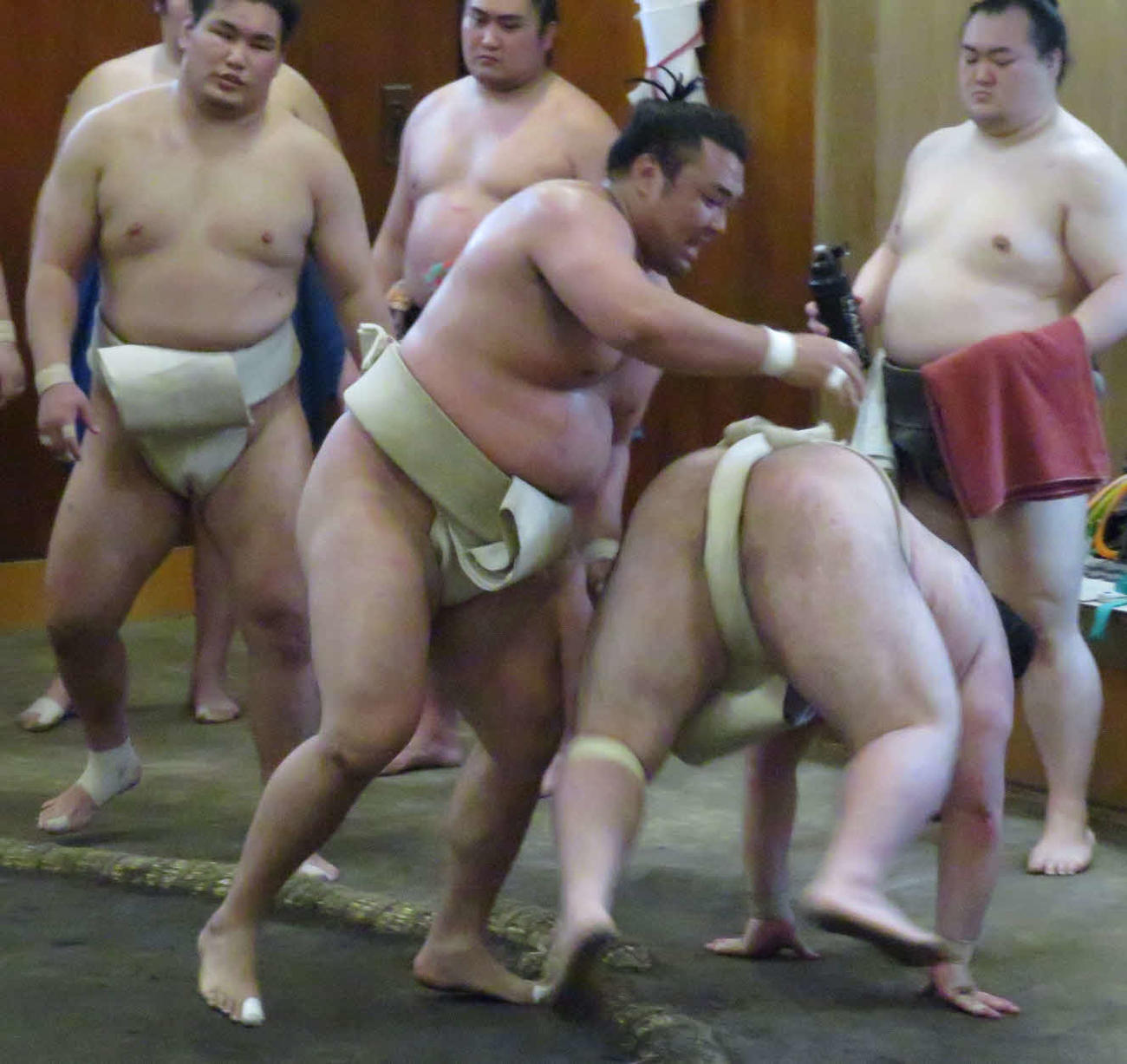 申し合いで途中、9連勝するなど好調だった霧馬山（手前左）