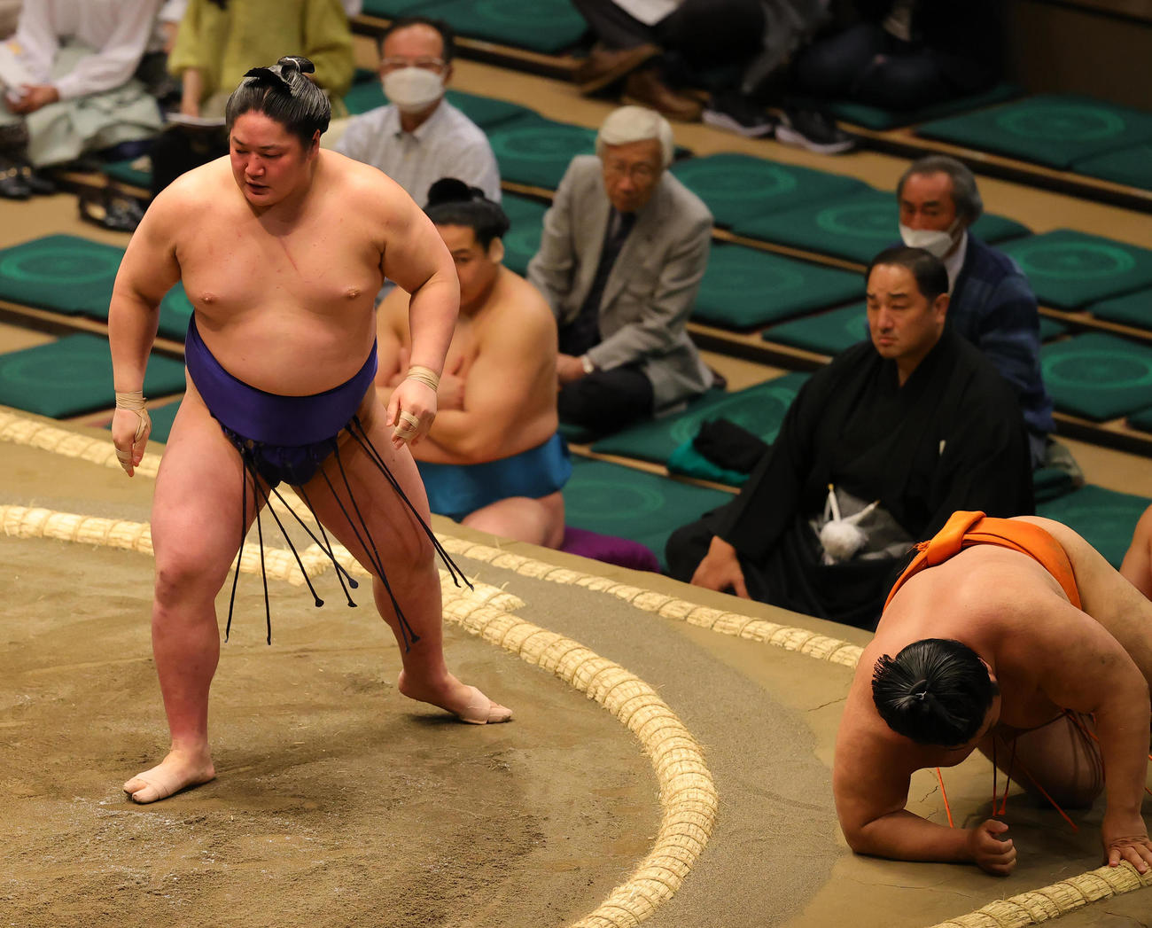 志摩ノ海（右）を上手投げで破る藤青雲（撮影・野上伸悟）