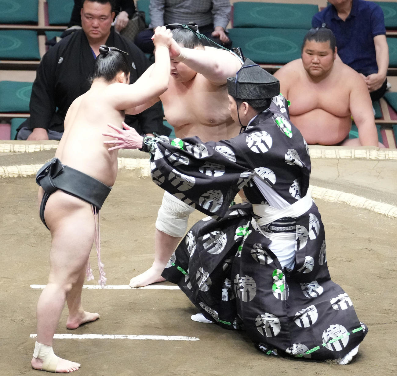 まわしに着用していた下がりが外れまげに絡まった栃丸（右）と東俊隆の両者に行司の木村千鷲が「待った」を掛ける（撮影・小沢裕）