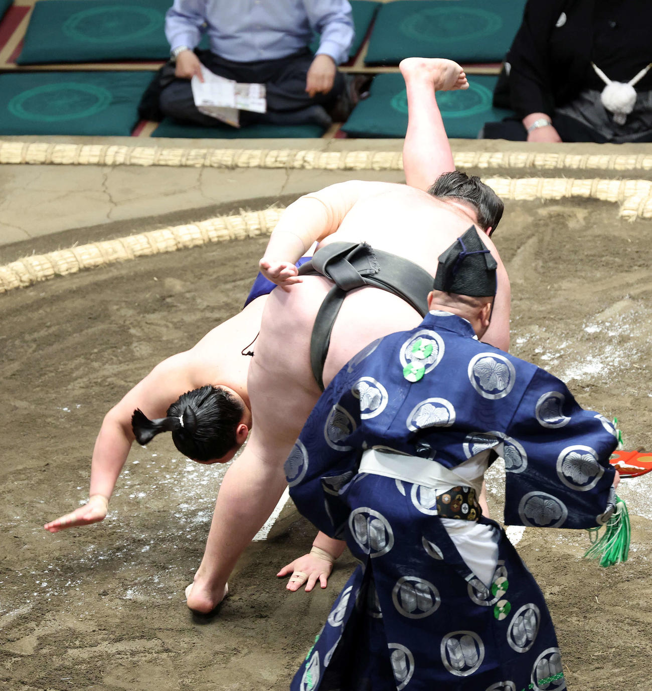 藤青雲（後方）をはたき込みで破る獅司（撮影・鈴木正人）