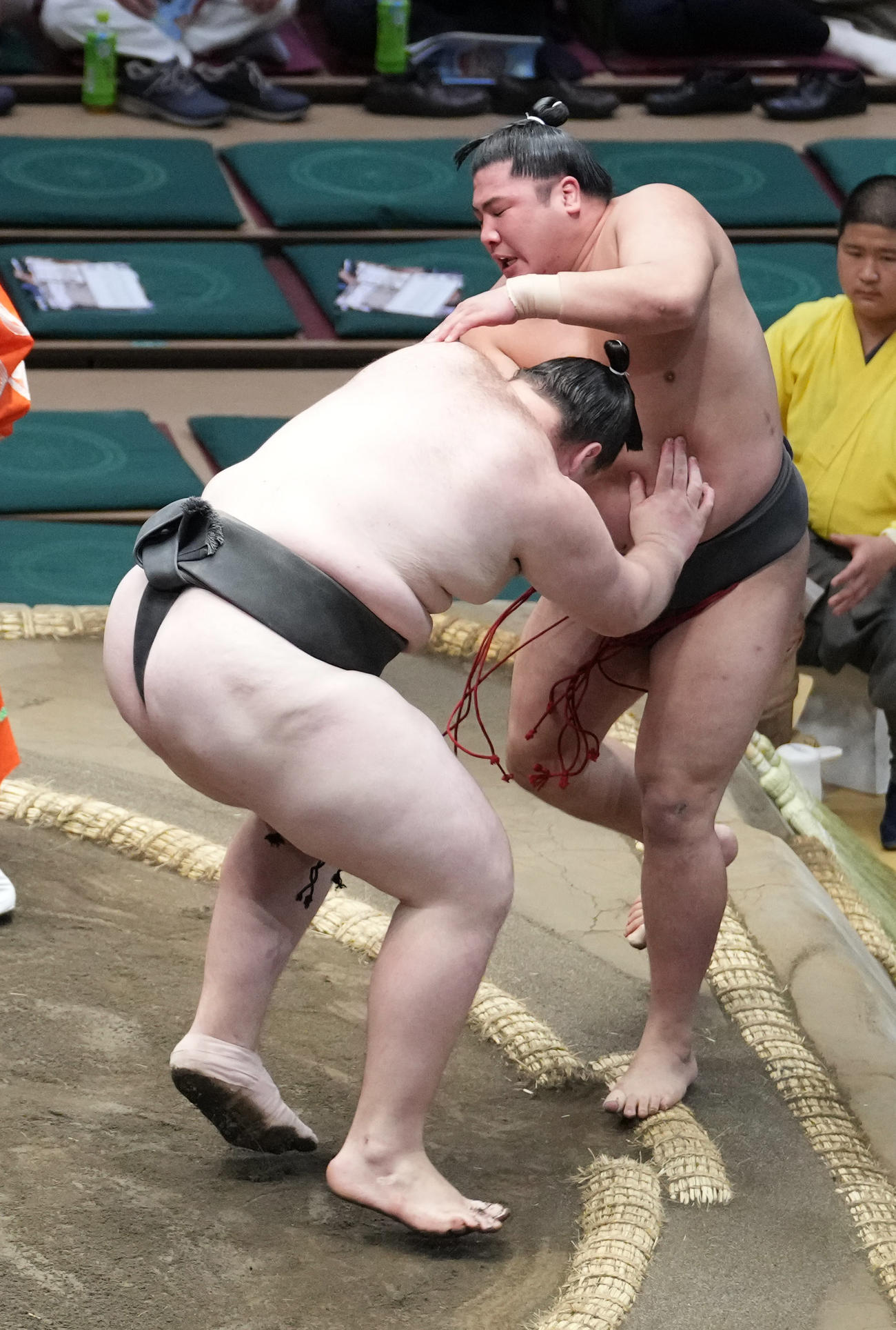 獅司は勇磨（右）を寄り切りで破る（撮影・小沢裕）