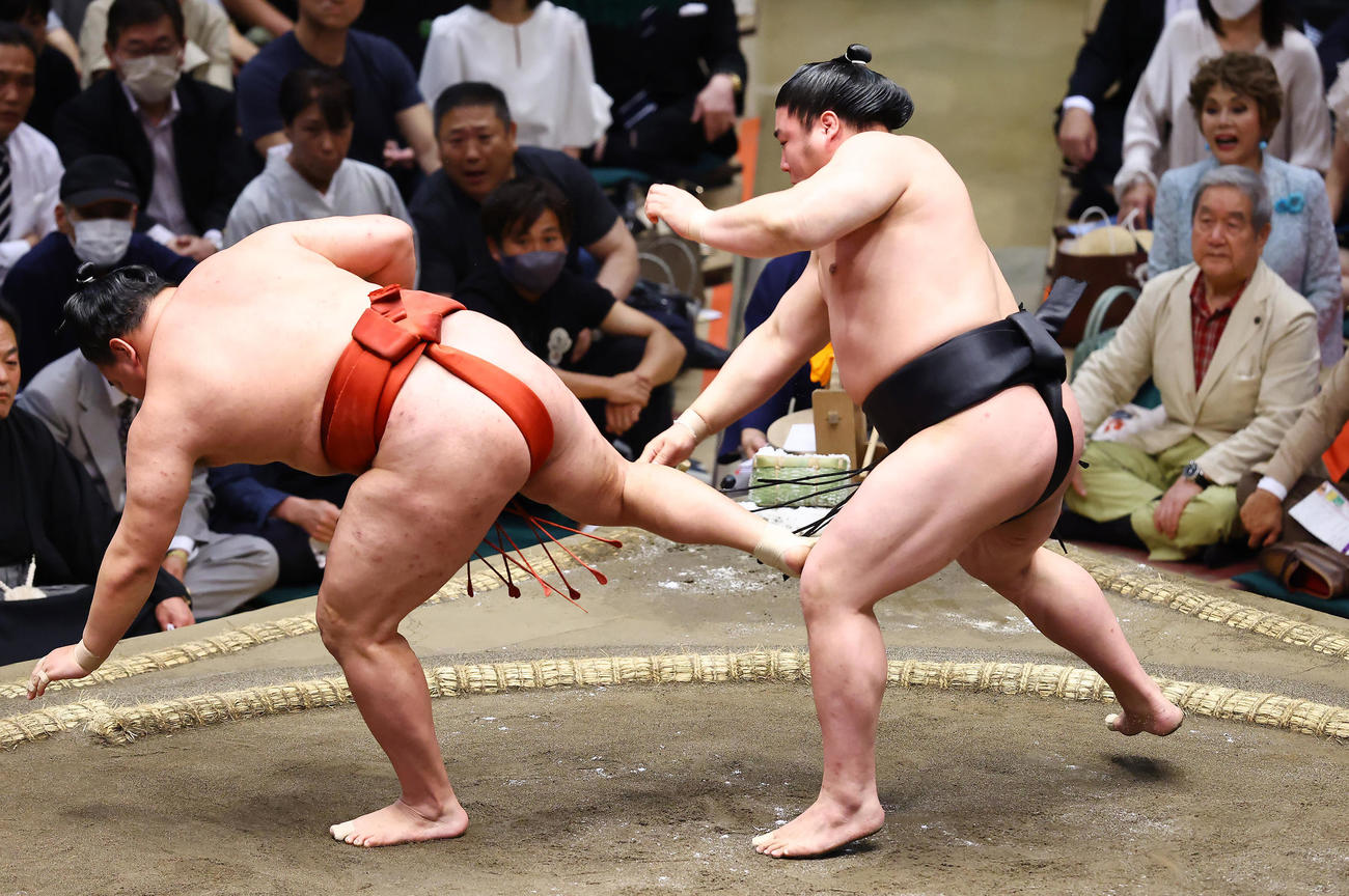 豊昇龍（左）を切り返しで破る若元春（撮影・垰建太）