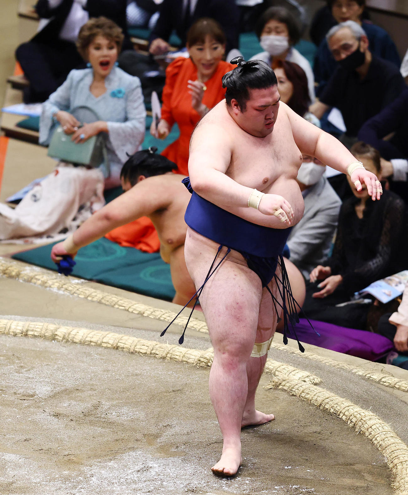 天空海を押し倒しで破った豪ノ山。左上はびっくりする様子のデヴィ夫人（撮影・垰建太）