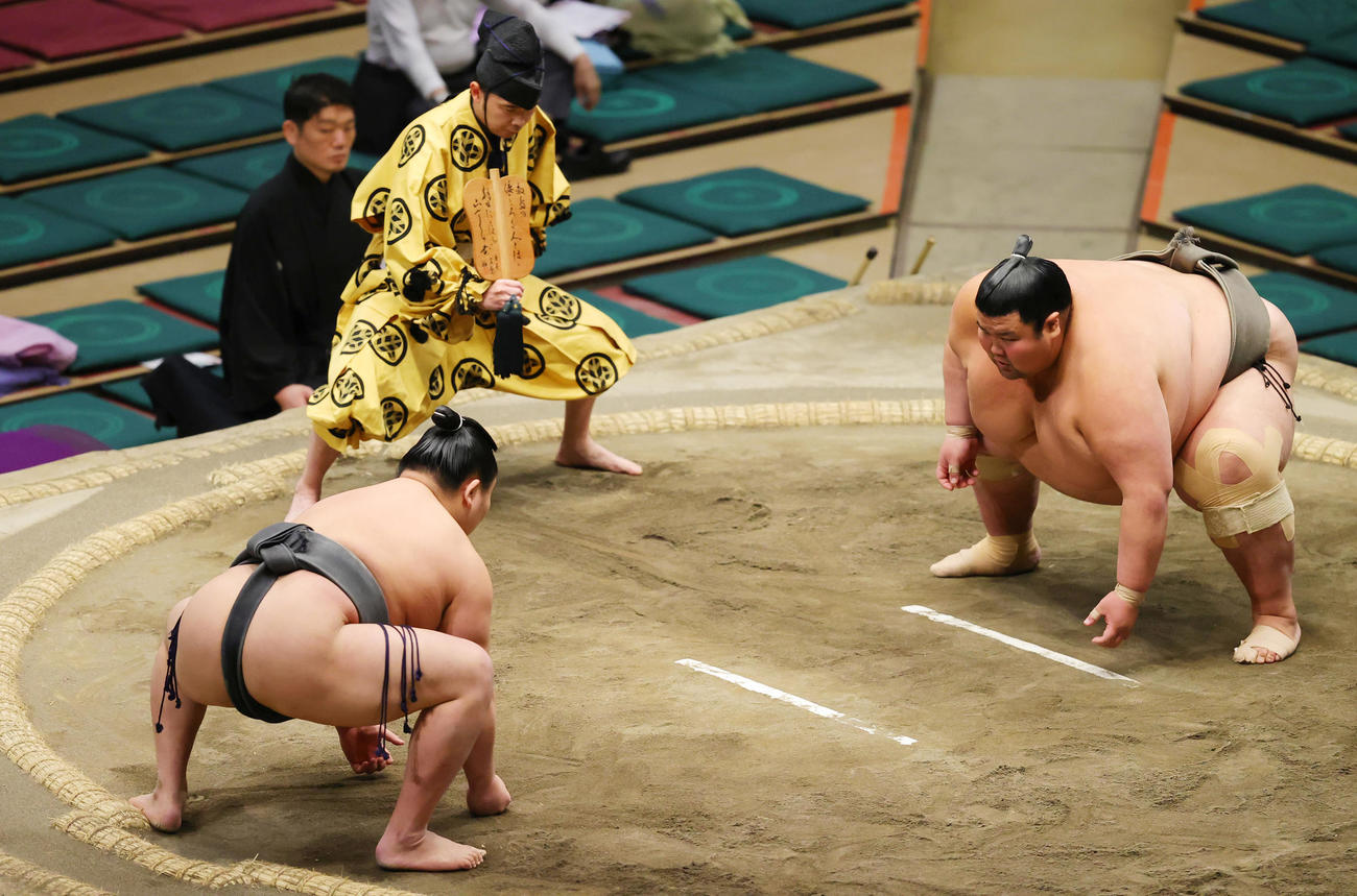 出羽ノ城（右）との対戦で、後方から仕切る朝乃若（撮影・野上伸悟）