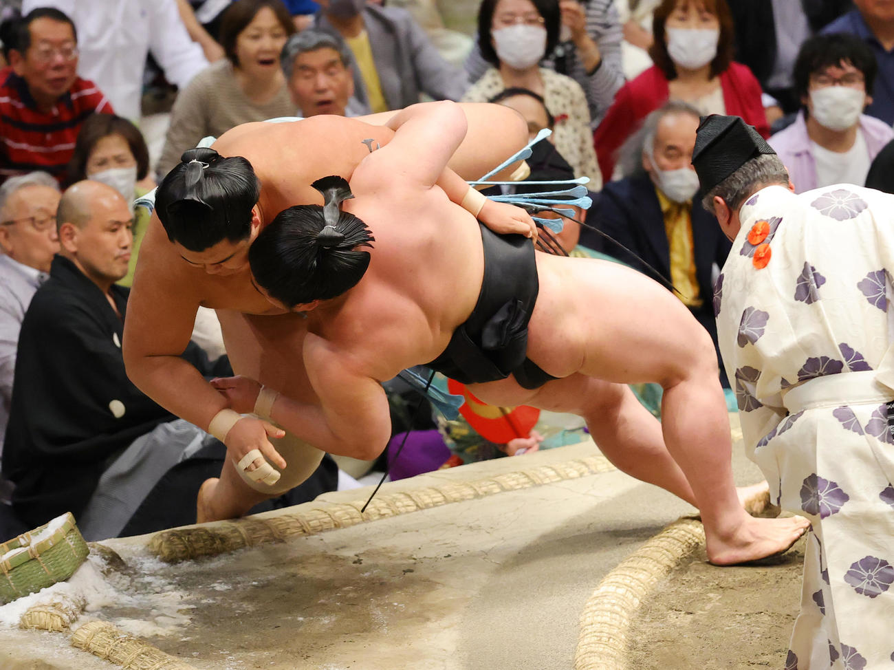 北青鵬（奥）をうっちゃりで破る若元春（撮影・野上伸悟）