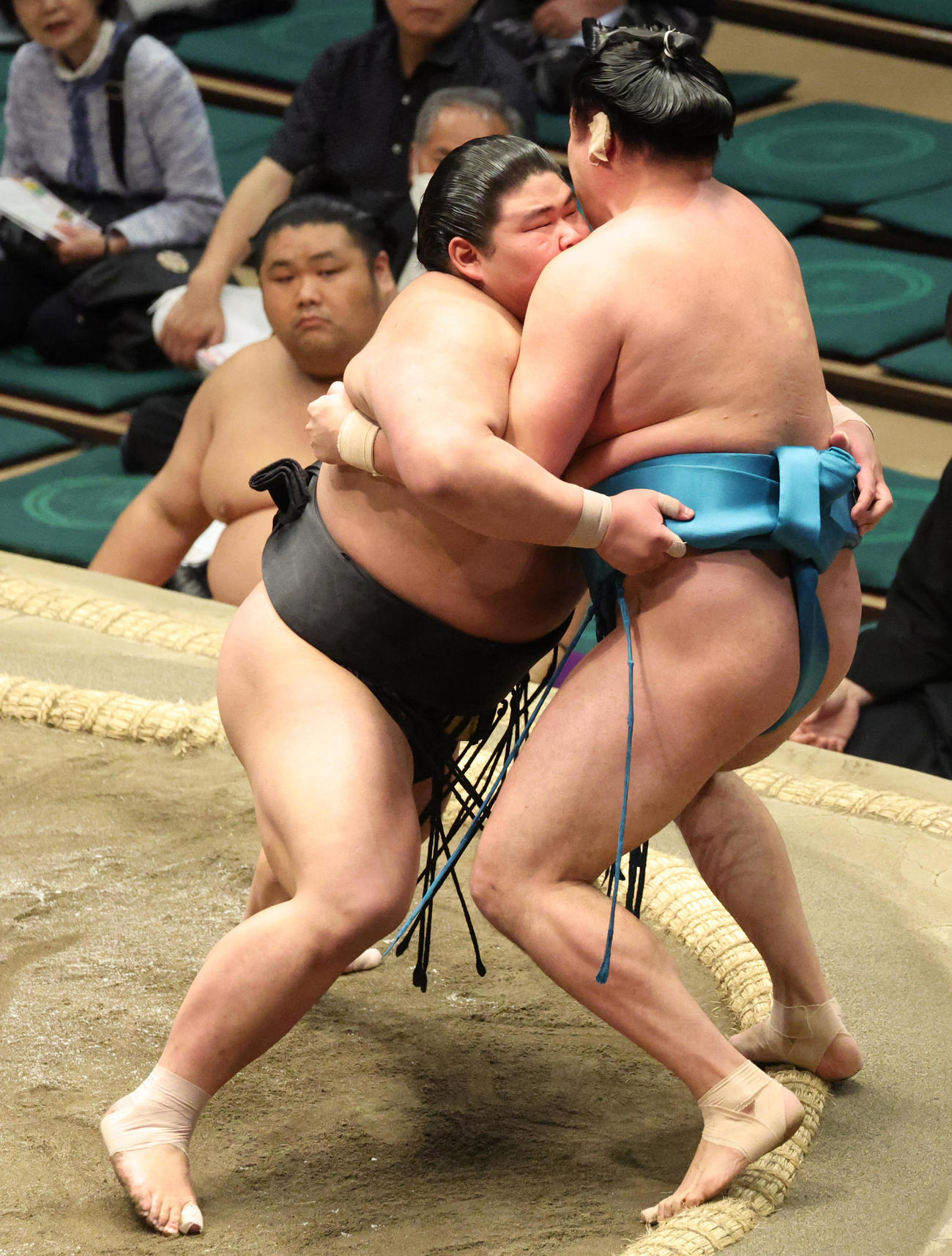 玉正鳳（右）を寄り切りで破る落合（撮影・中島郁夫）