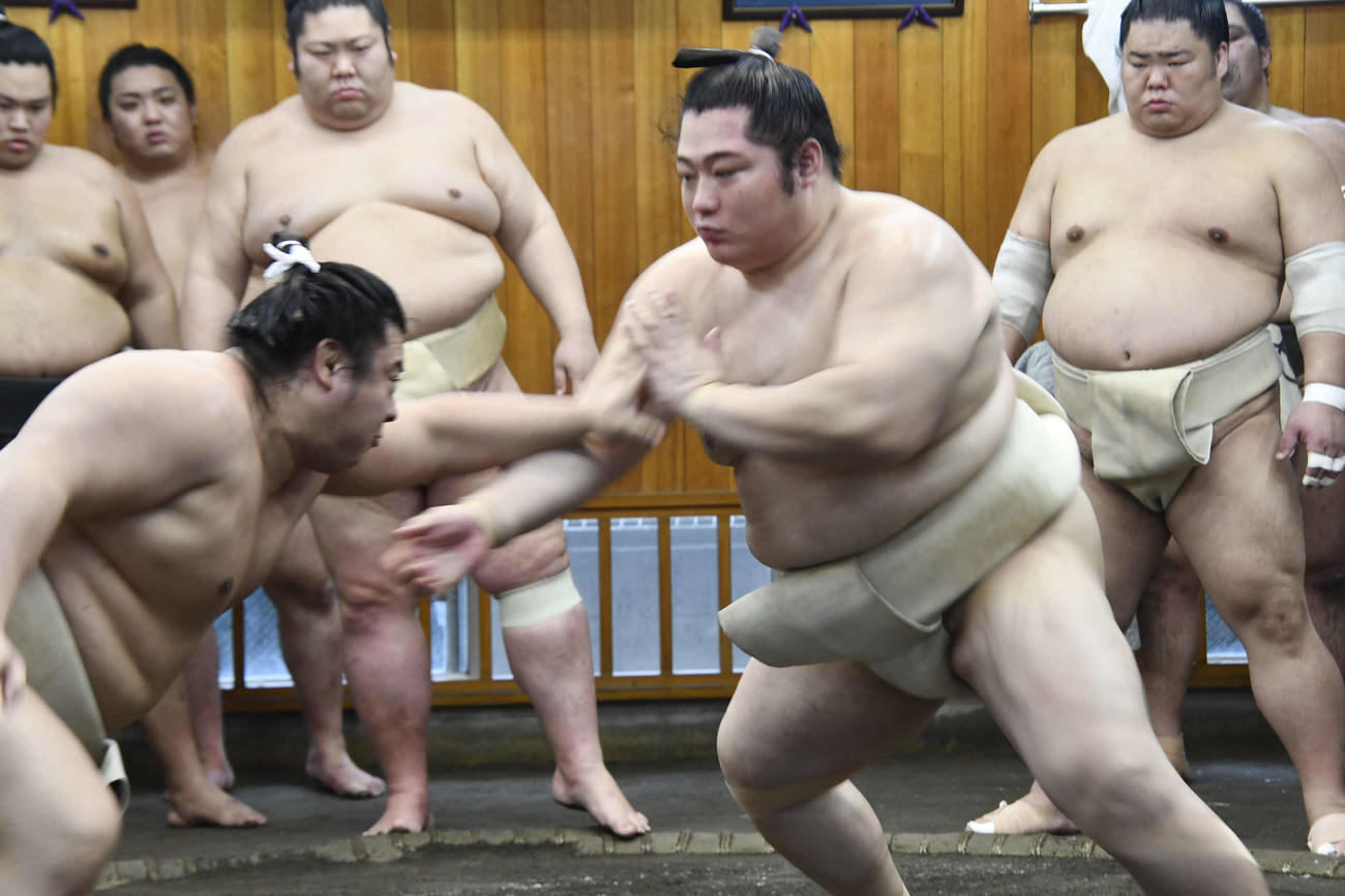 相撲を取る翔猿（左）と遠藤（撮影・平山連）