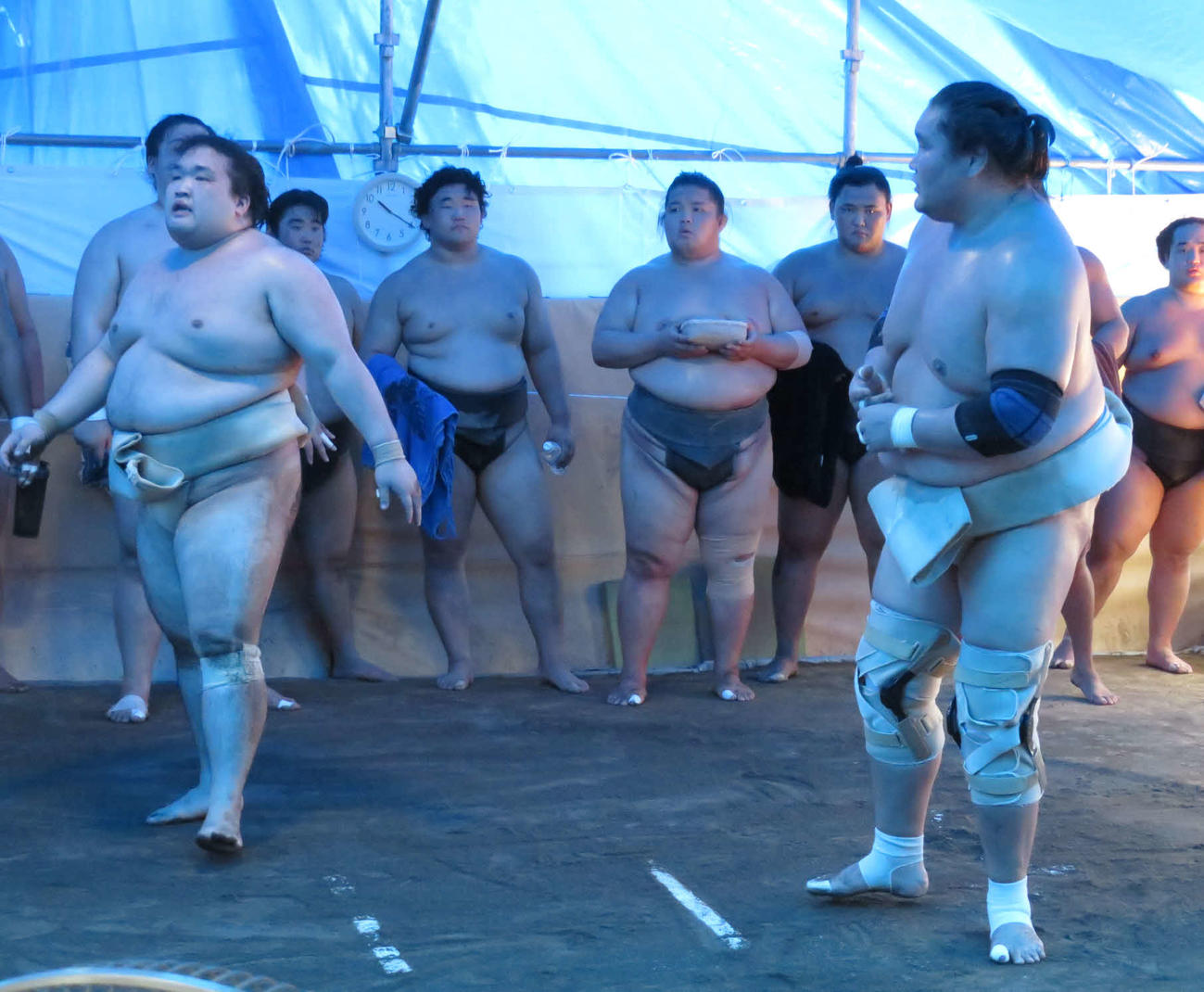佐渡ケ嶽部屋で三番稽古を行った豪ノ山（手前左）と照ノ富士（同右）