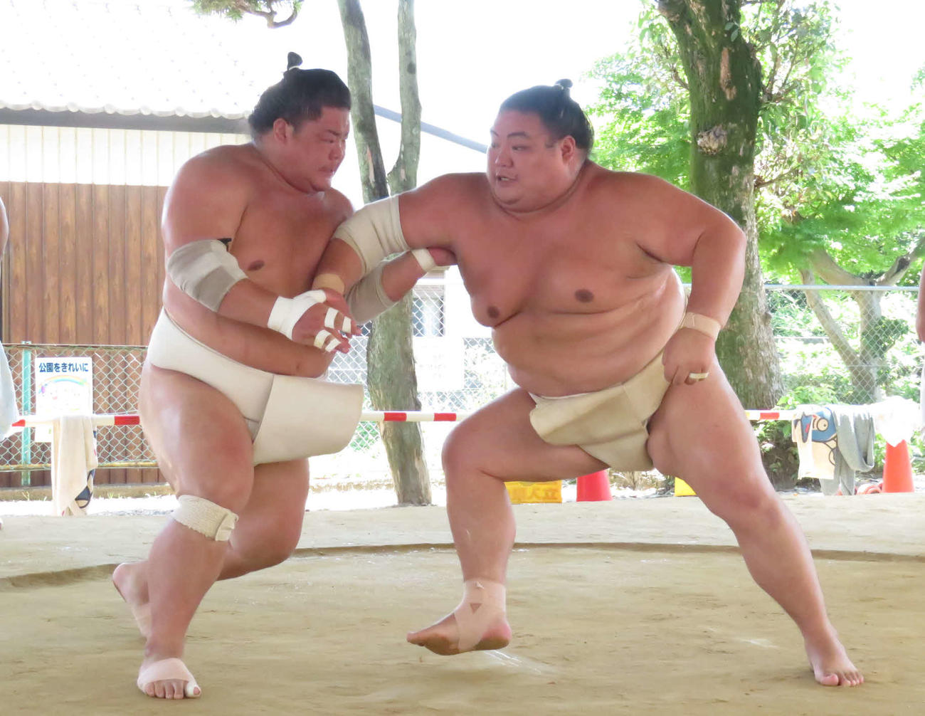 申し合いで大翔鵬（右）攻める大栄翔
