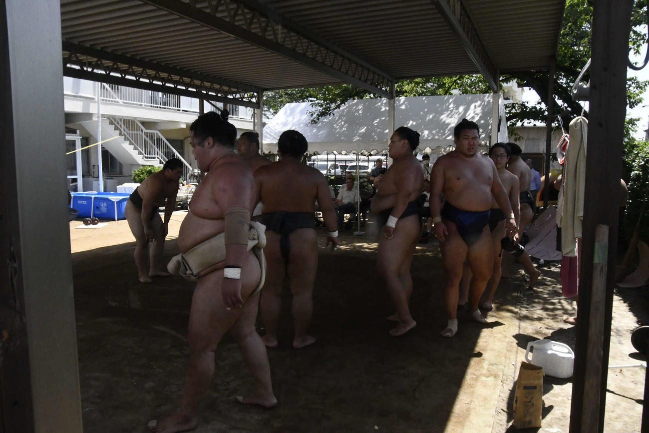濃紺の締め込みで稽古した豊昇龍（撮影・平山連）
