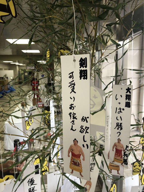 剣翔は短冊に「可愛いお嫁さんが欲しい」と願い事を書き、大翔鵬は「いっぱい勝つ」と書いた（撮影・平山連）