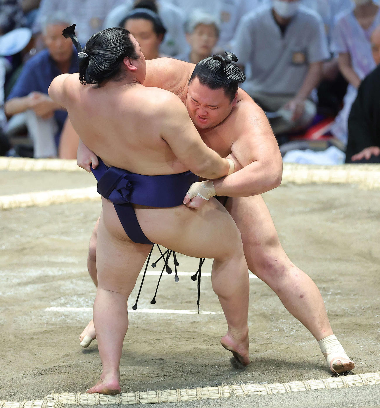 平戸海（手前）を土俵際に追い込む朝乃山（撮影・河田真司）