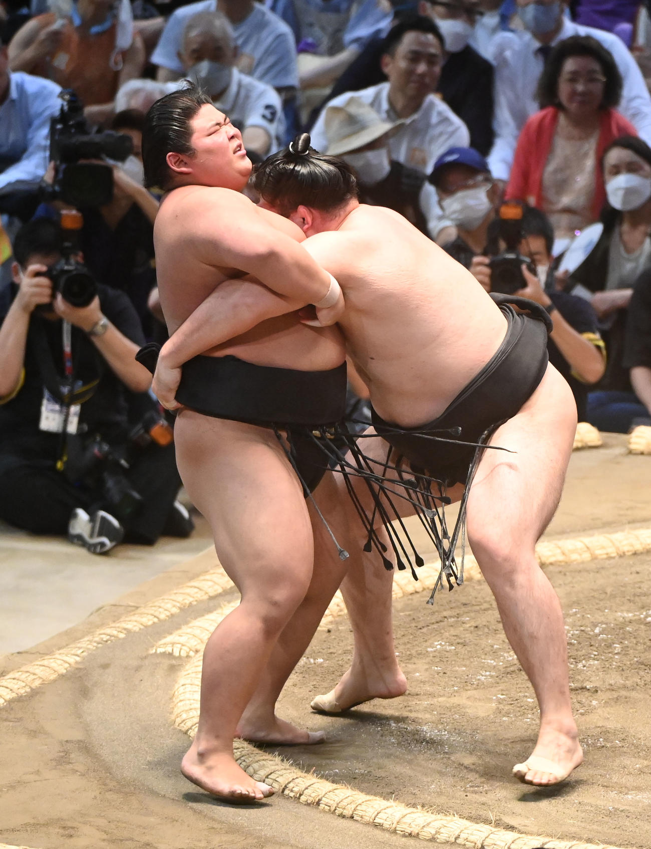 竜電に寄り切りで敗れる伯桜鵬（左）（撮影・森本幸一）