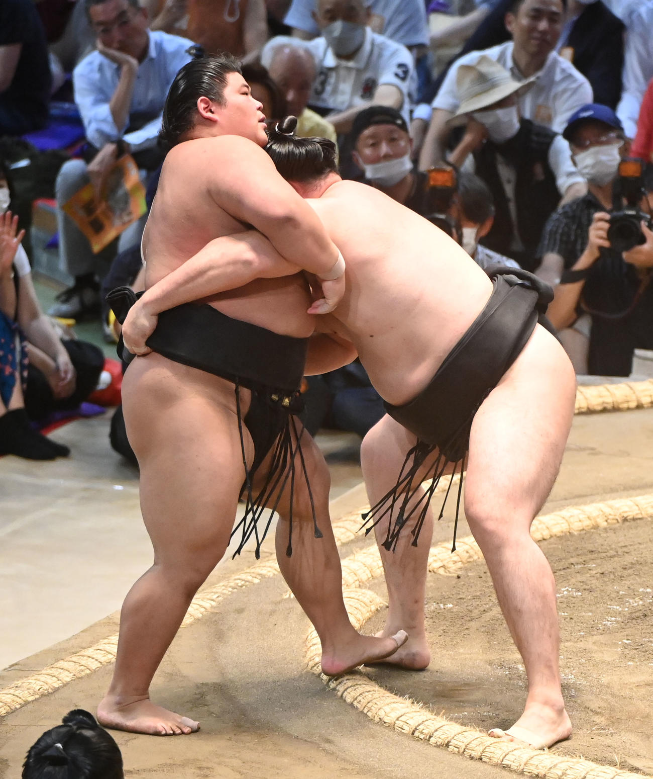 竜電に寄り切りで敗れる伯桜鵬（左）（撮影・森本幸一）