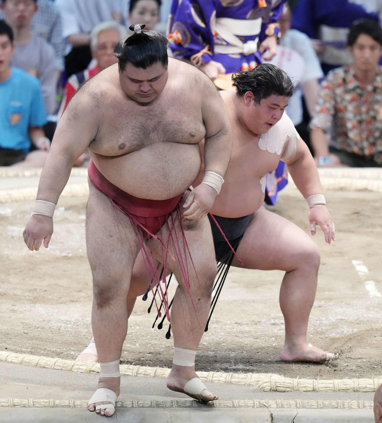 伯桜鵬（右）は高安を送り出しで破る（撮影・小沢裕）