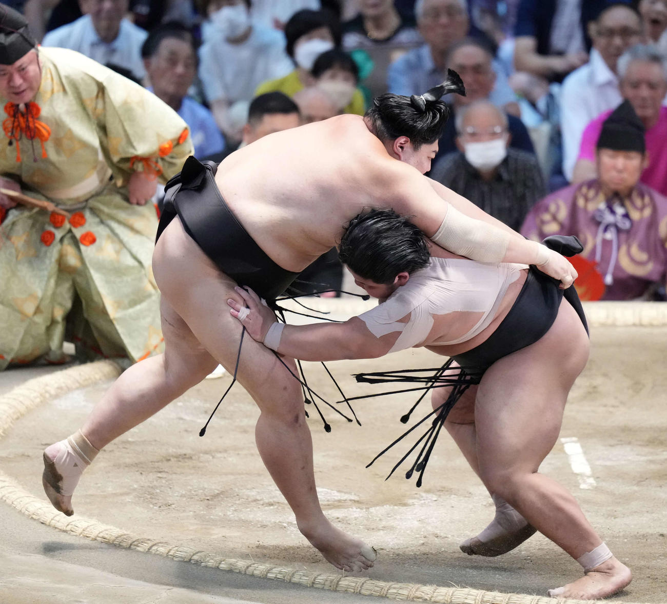 伯桜鵬（左）は阿炎を押し出しで破る（撮影・小沢裕）