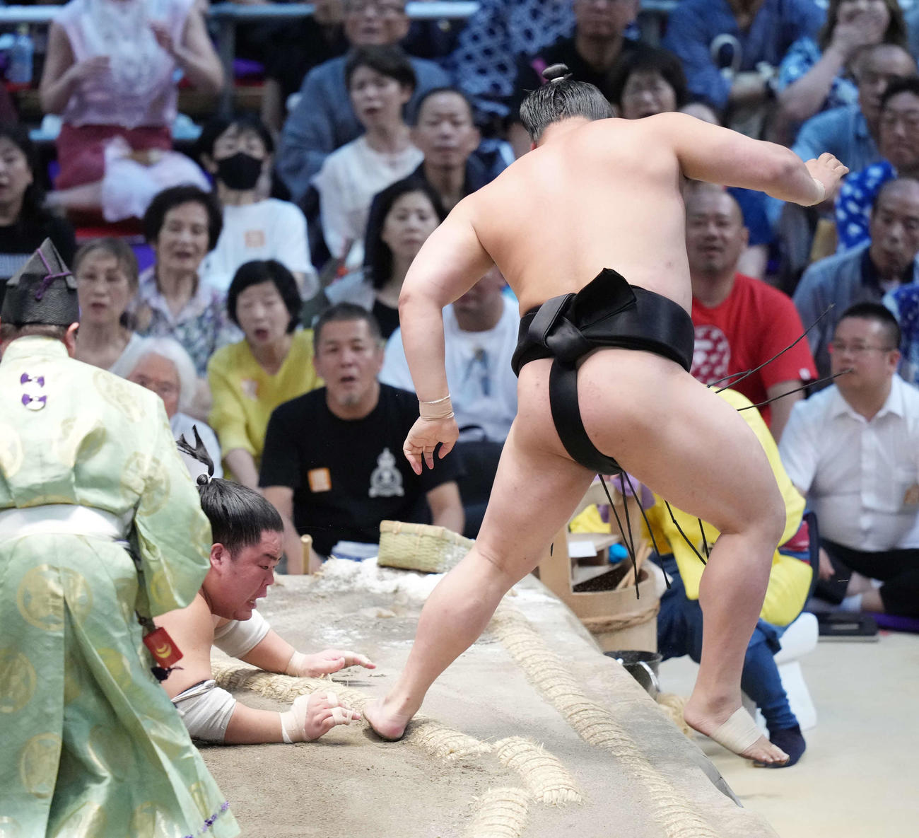 若元春は大栄翔（左）をはたき込みで破る（撮影・小沢裕）