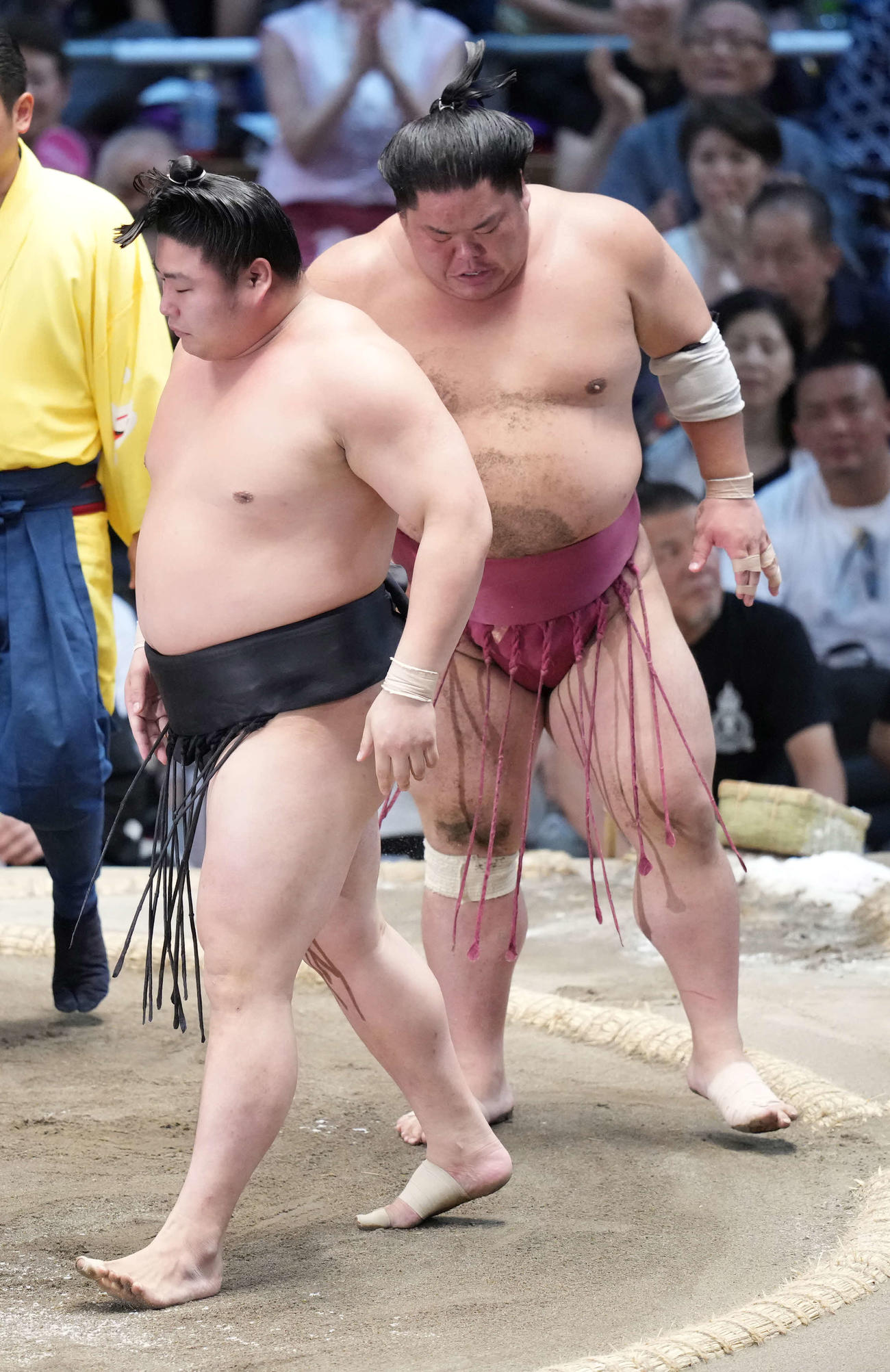若元春（左）は大栄翔をはたき込みで破る（撮影・小沢裕）