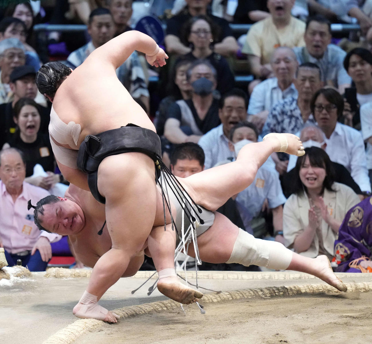 伯桜鵬（手前）は北勝富士を突き落としで破る（撮影・小沢裕）