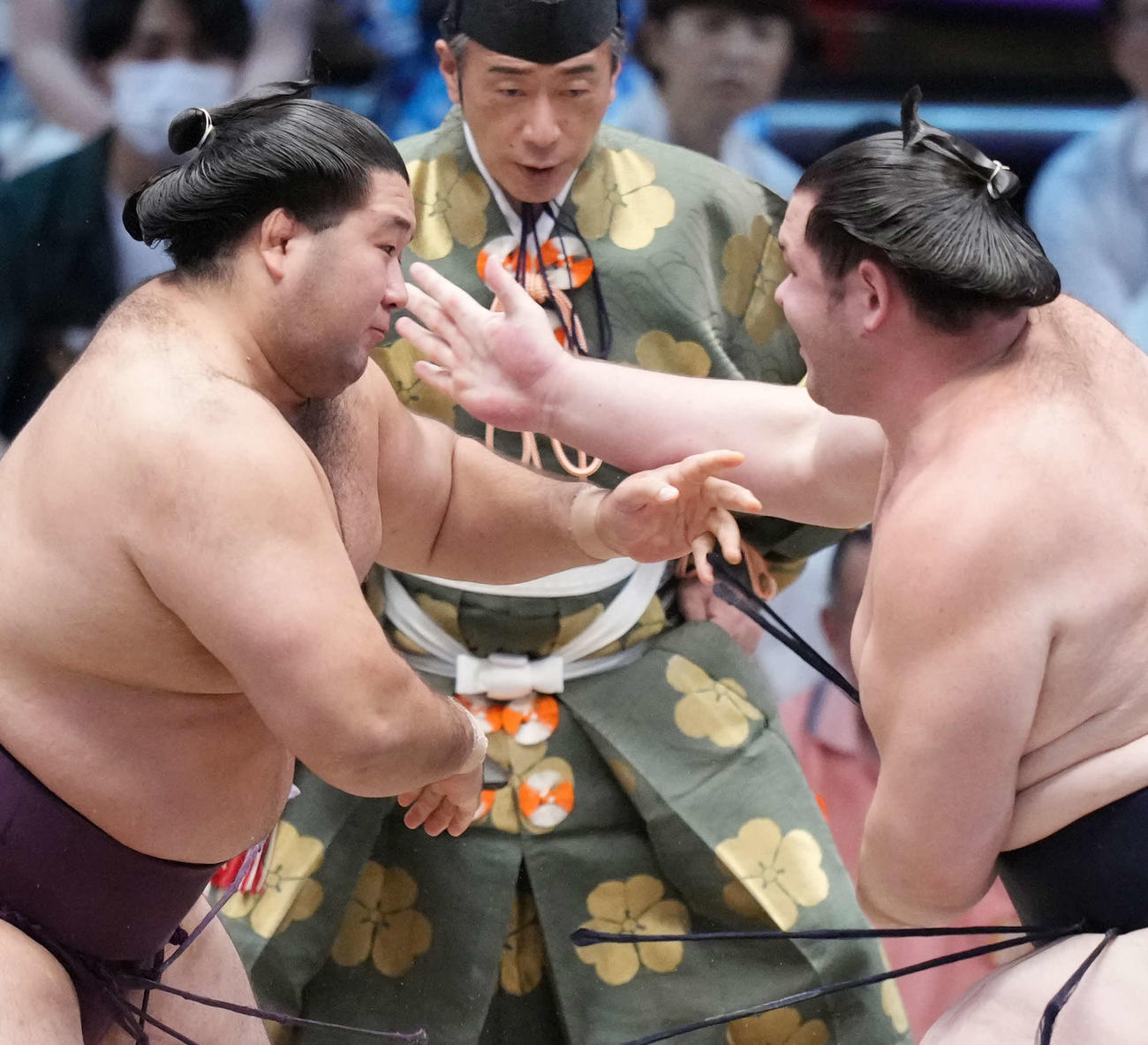 立合いで狼雅（左）に張り手を見舞う獅司（撮影・小沢裕）