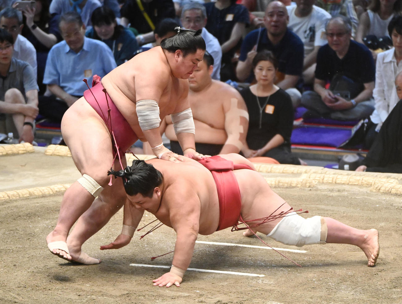 大栄翔（左）がはたき込みで阿武咲を破る（撮影・森本幸一）