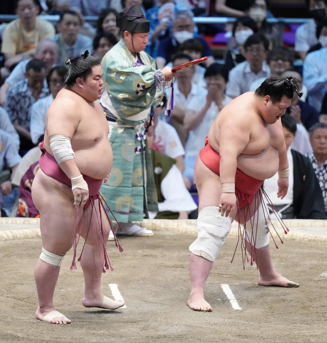 大栄翔（左）は阿武咲をはたき込みで破る（撮影・小沢裕）