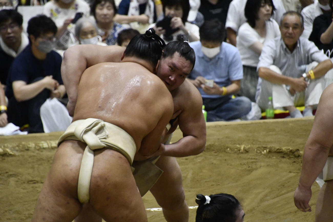 ぶつかり稽古で新大関豊昇龍に胸を出す横綱照ノ富士（撮影・平山連）