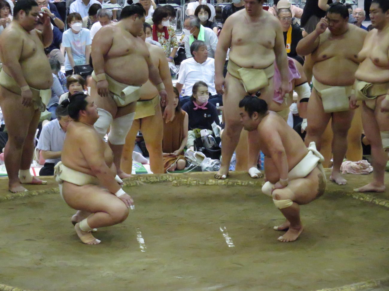 申し合いを行った妙義龍（右）と琴ノ若