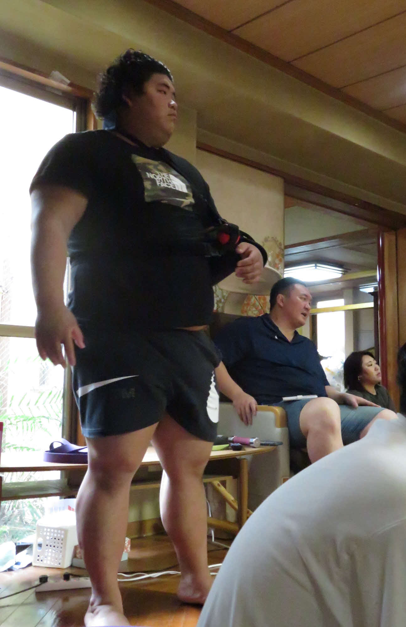 手術した左腕に装具を施し、上がり座敷から稽古を見つめる伯桜鵬（左）。後方中央は師匠の宮城野親方