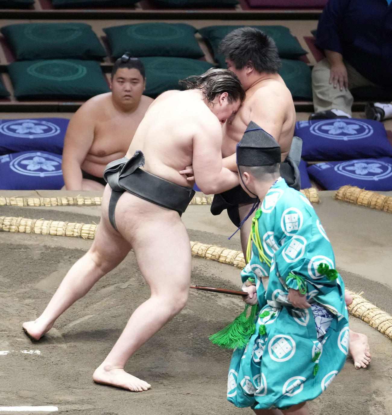 前相撲に臨むウクライナ出身の安青錦（左）（撮影・小沢裕）