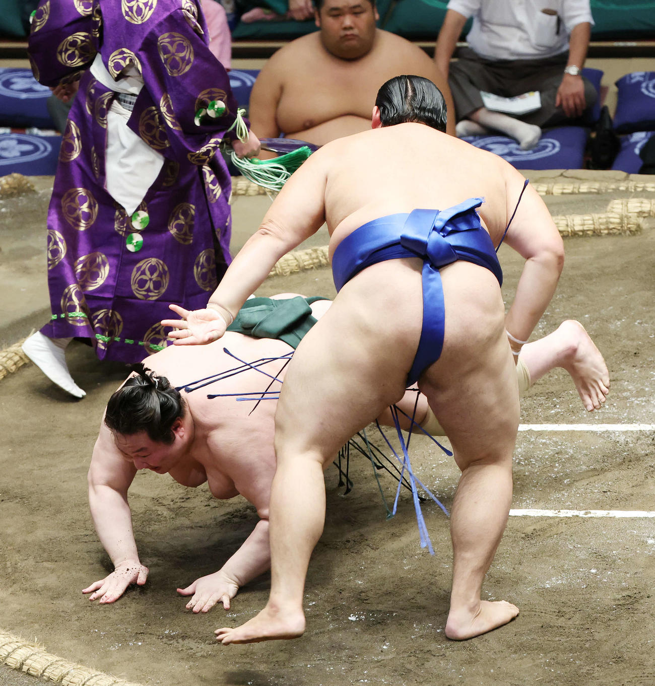 はたき込みで白鷹山（左）を破る大の里（撮影・宮地輝）