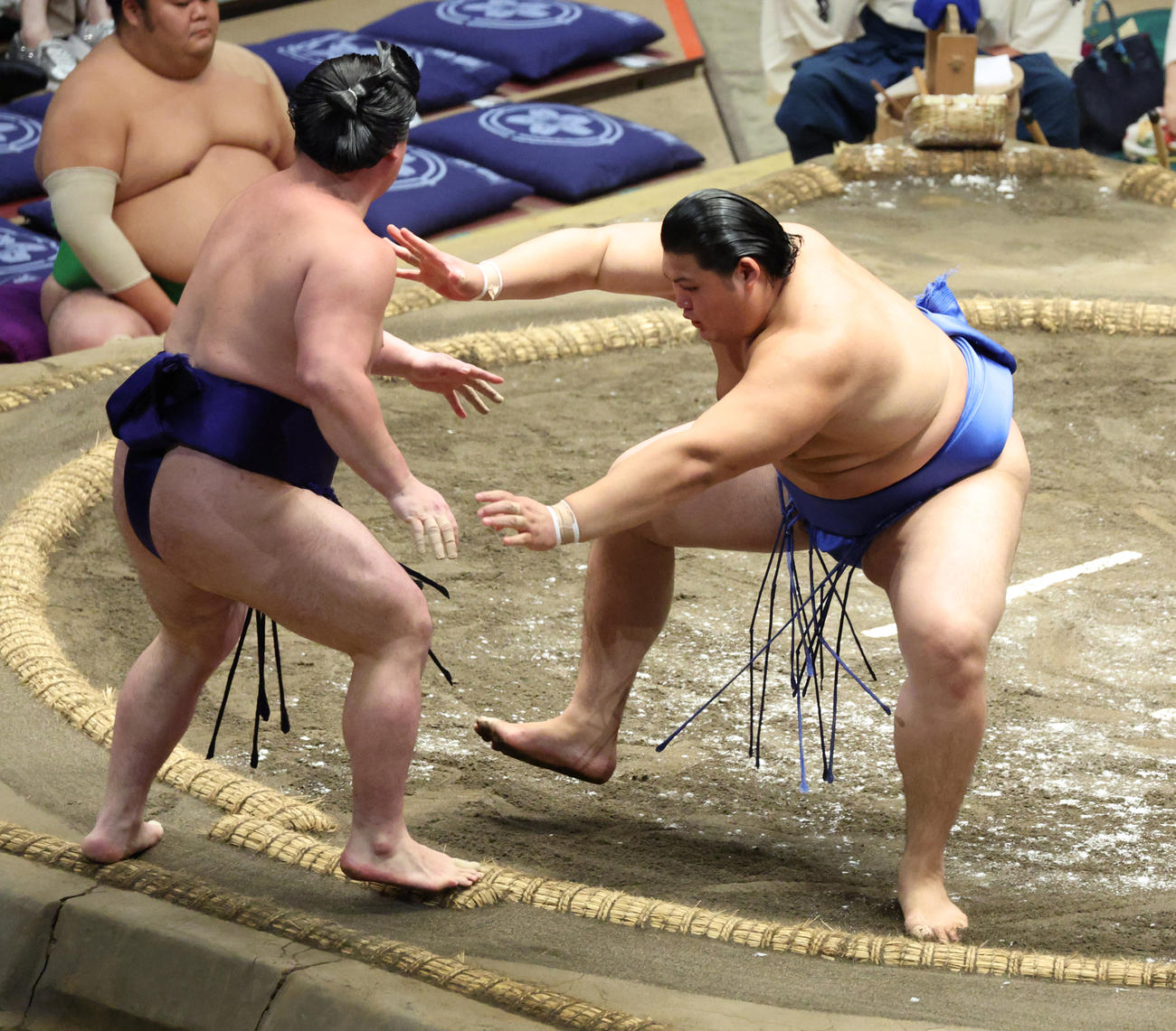 時疾風（左）を押し出しで破る大の里（撮影・中島郁夫）