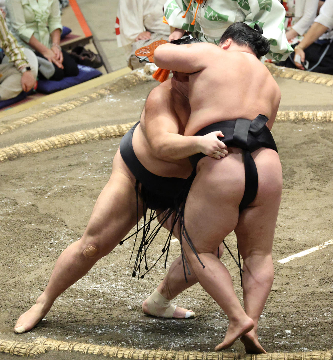 明生（右）を寄り切りで破る朝乃山（撮影・中島郁夫）