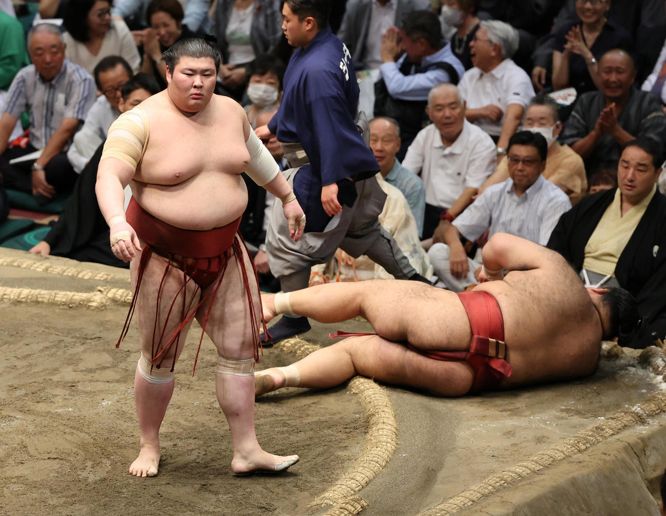 高安（右）を押し倒しで破る熱海富士（撮影・野上伸悟）