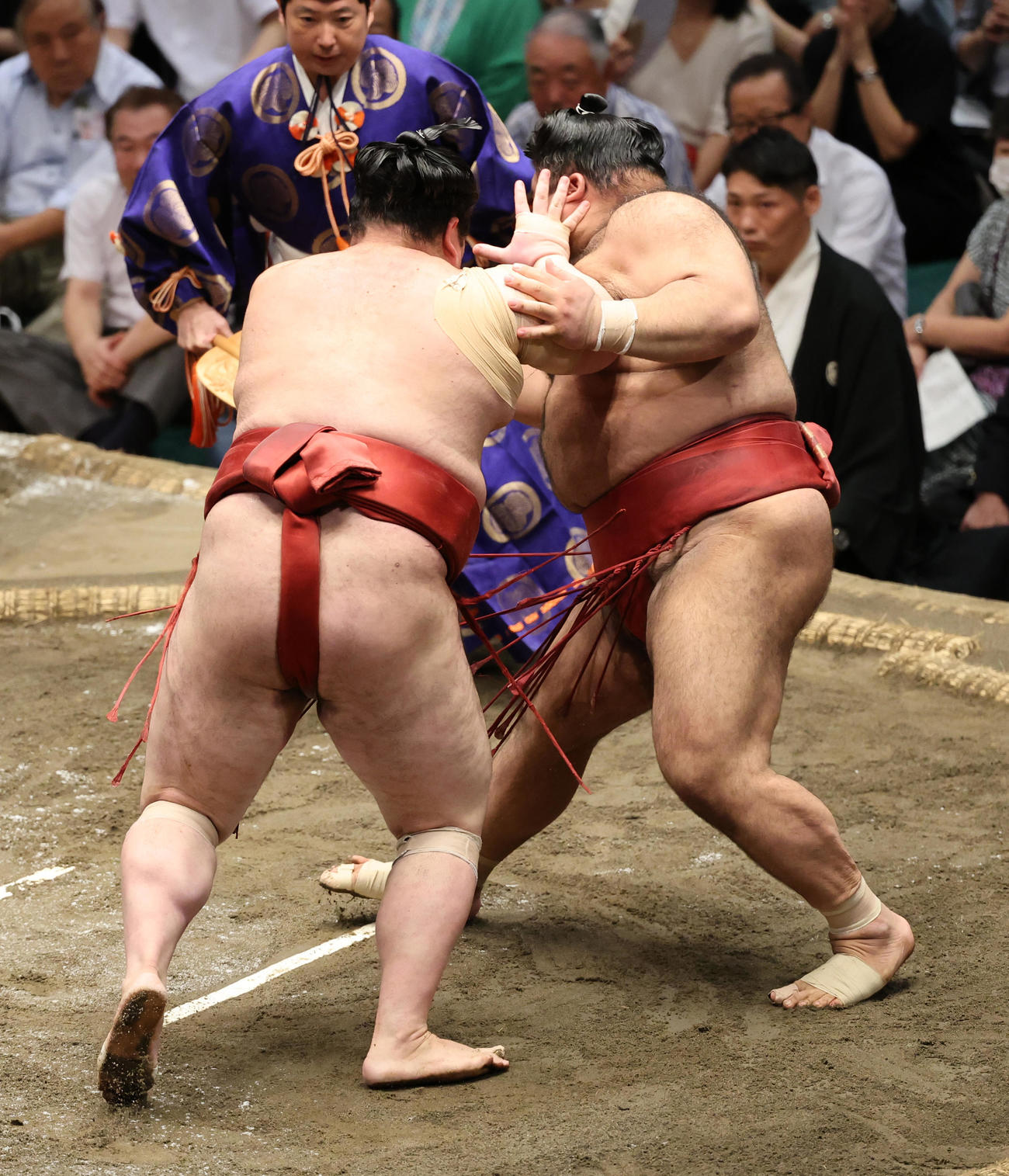 高安（右）を押し倒しで破る熱海富士（撮影・野上伸悟）