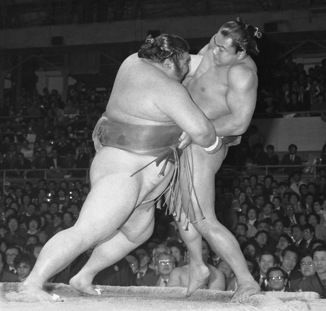 84年3月、千代の富士（右）を寄り切る朝潮