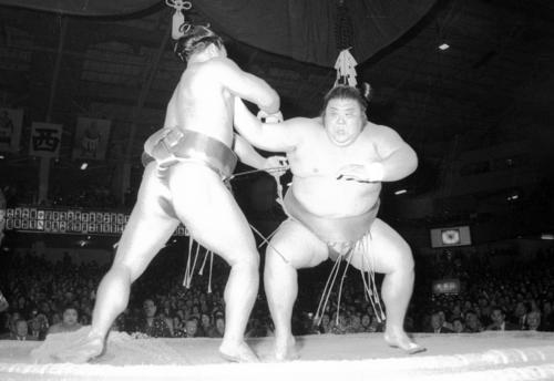 83年1月、全勝横綱千代の富士(左)をぶちかましから右のど輪で一直線、2秒8で押し出し1敗を堅持した朝潮