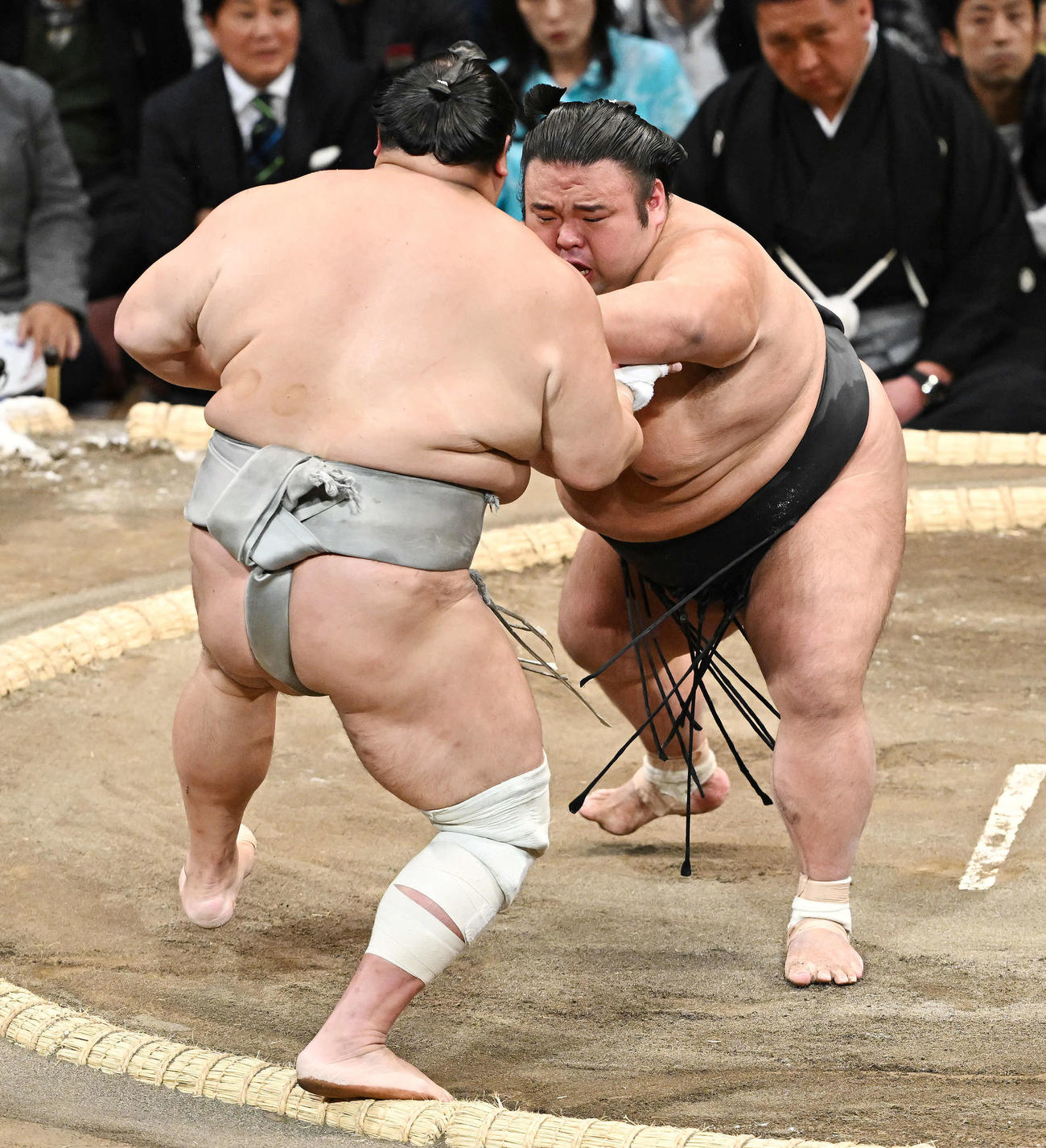 貴景勝（右）は北勝富士を押し出しで破る（撮影・滝沢徹郎）