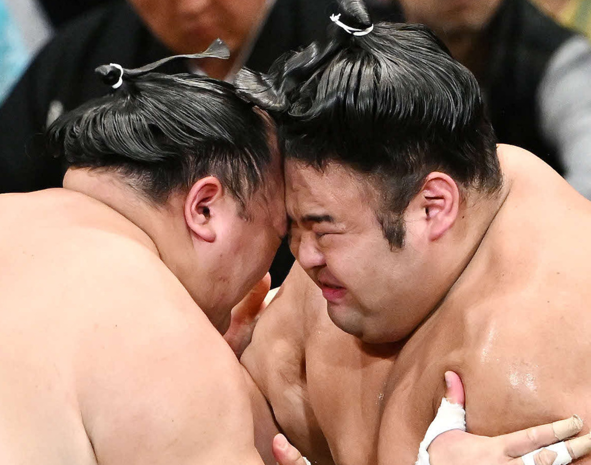 貴景勝（右）は北勝富士と頭からぶつかる（撮影・滝沢徹郎）