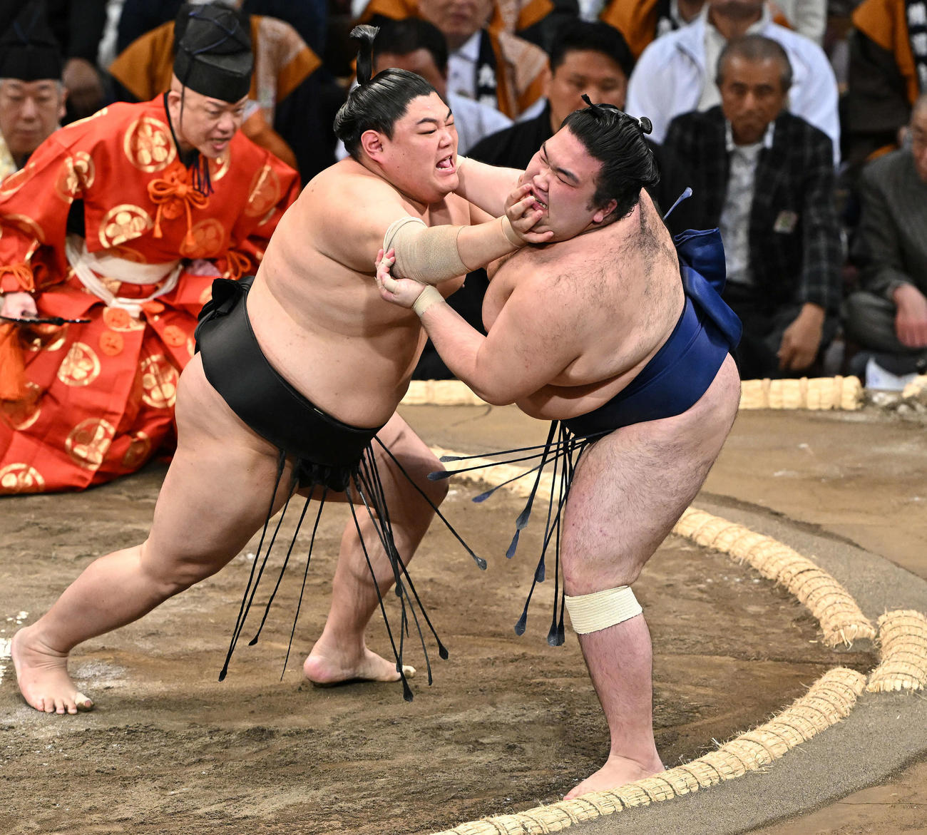 阿炎（左）は豪ノ山を押し出しで破る（撮影・滝沢徹郎）