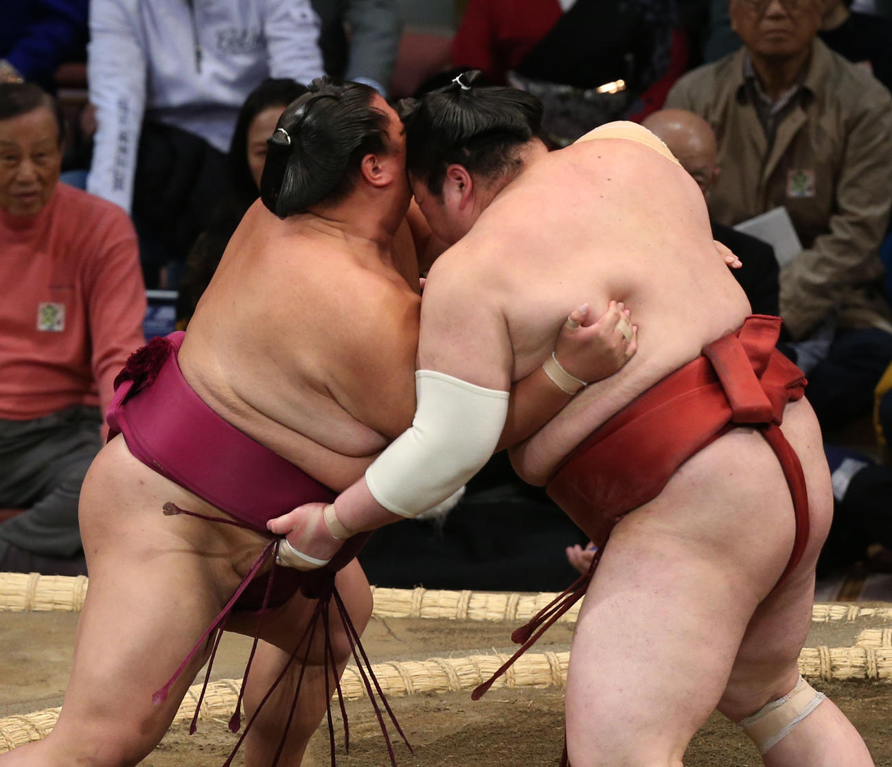 御嶽海を攻める熱海富士（右）（撮影・冨田成美）