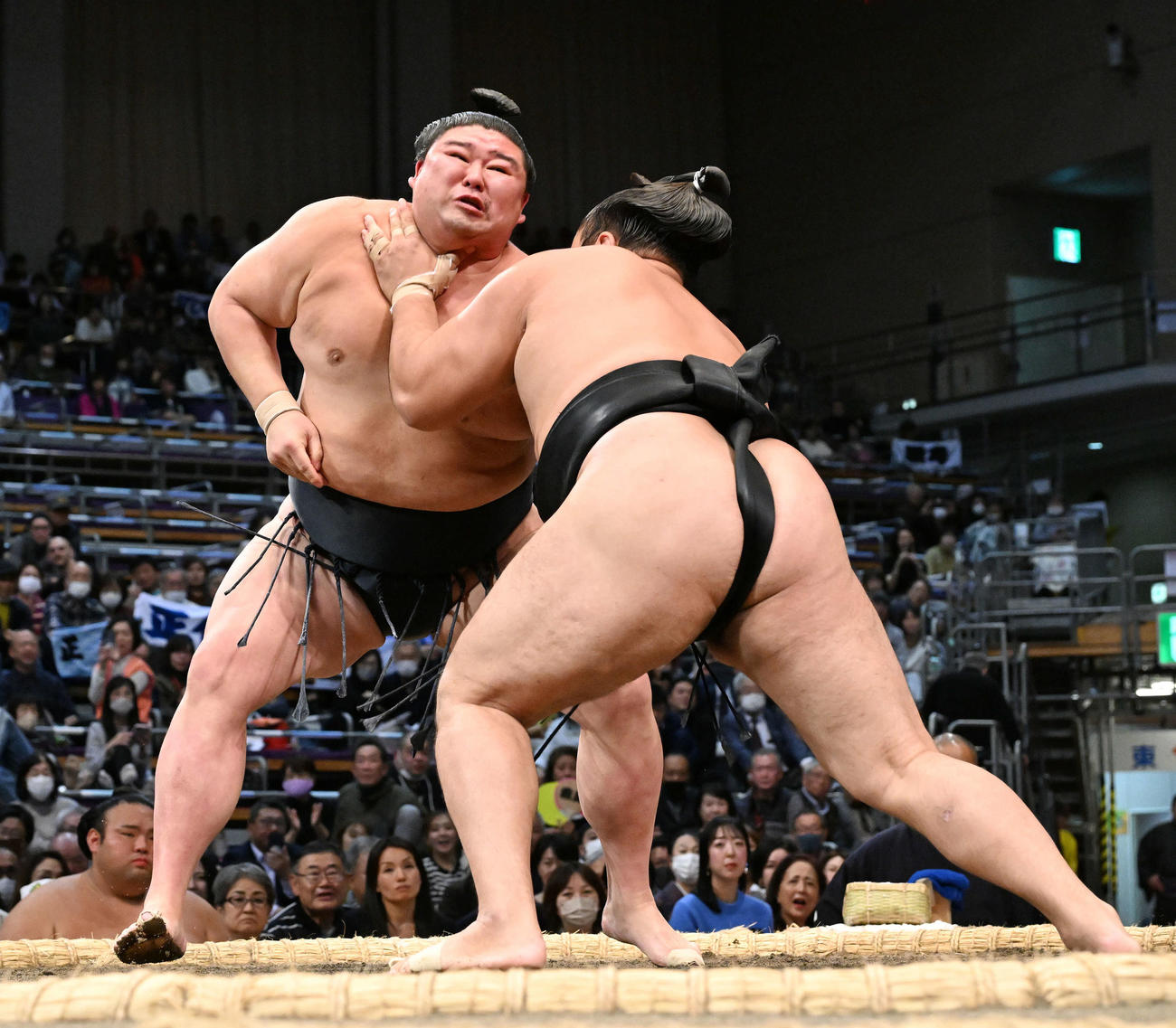 正代（左）は霧島に寄り切りで敗れる（撮影・滝沢徹郎）